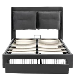 Gutent Lit rembourré hydraulique 140x190cm, tiroirs de rangement, avec sommier à lattes, sans matelas, velours, gris