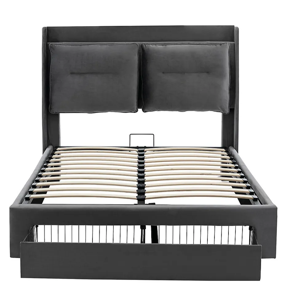 Gutent Lit rembourré hydraulique 140x190cm, tiroirs de rangement, avec sommier à lattes, sans matelas, velours, gris