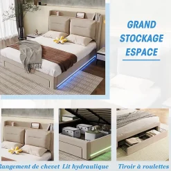 Gutent Lit rembourré hydraulique 140x190cm, tiroirs de rangement, avec sommier à lattes, sans matelas, velours, beige Hot
