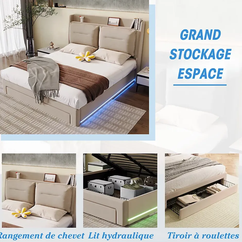 Gutent Lit rembourré hydraulique 140x190cm, tiroirs de rangement, avec sommier à lattes, sans matelas, velours, beige Hot