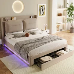 Gutent Lit rembourré hydraulique 140x190cm, tiroirs de rangement, avec sommier à lattes, sans matelas, velours, beige Hot