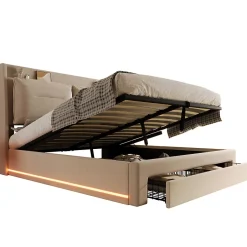 Gutent Lit rembourré hydraulique 140x190cm, tiroirs de rangement, avec sommier à lattes, sans matelas, velours, beige Hot