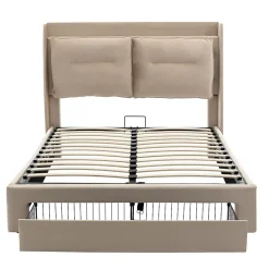 Gutent Lit rembourré hydraulique 140x190cm, tiroirs de rangement, avec sommier à lattes, sans matelas, velours, beige Hot