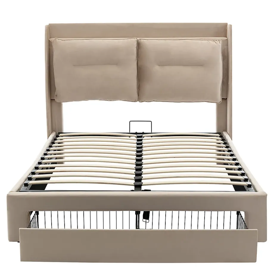 Gutent Lit rembourré hydraulique 140x190cm, tiroirs de rangement, avec sommier à lattes, sans matelas, velours, beige Hot