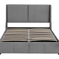 Gutent Lit rembourré hydraulique 140x200cm, forme oreille, tête de lit avec coussin, lit double, lit fonctionnel, velours, gris