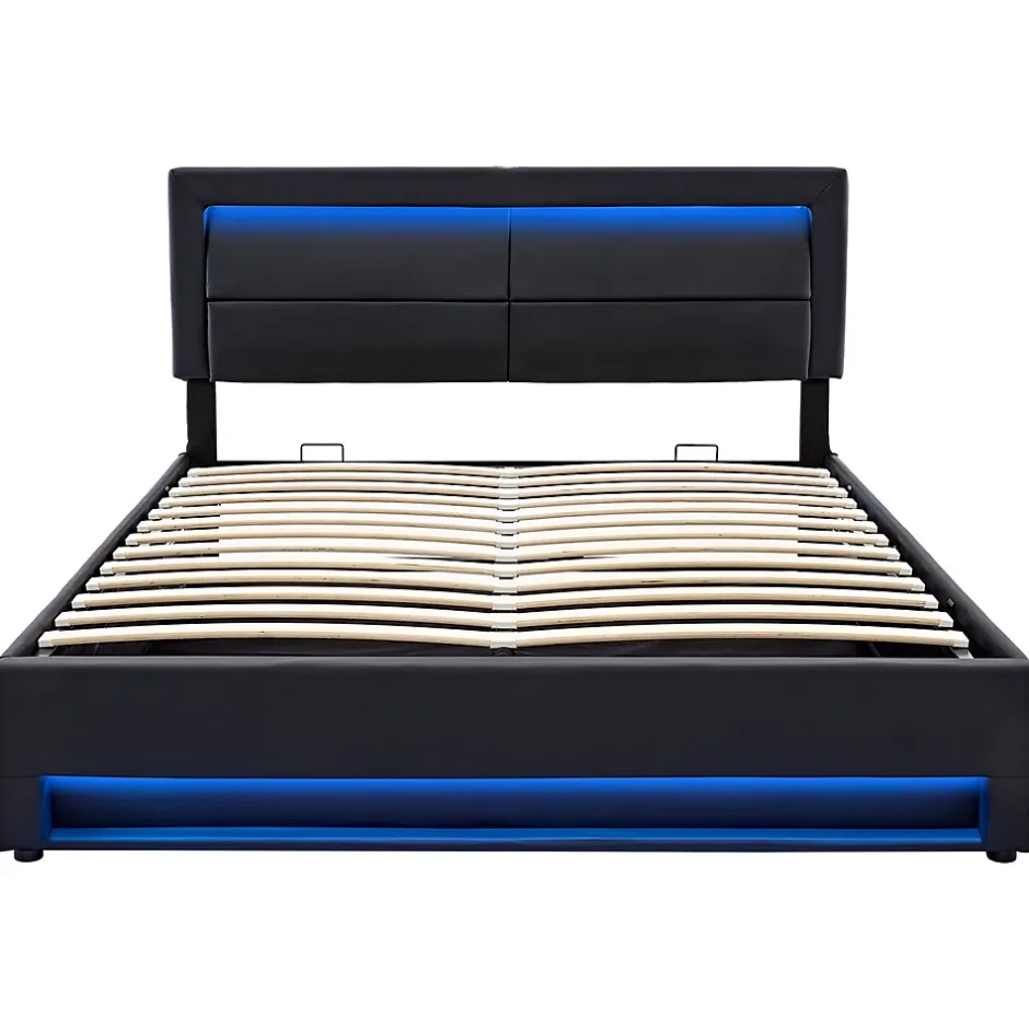 Gutent Lit rembourré hydraulique lit coffre lit 140x200 cm lit de rangement lit connexion usb lit eclairage led lit double pu noir Sale