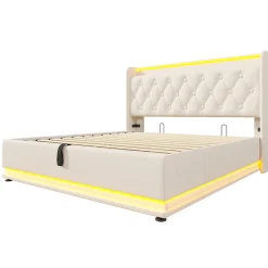 Gutent Lit rembourré hydraulique 160x200 cm, lit LED double avec fonction de recharge USB Type-C , lit avec rangement, PU, blanc Discount