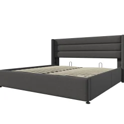 Gutent Lit rembourré hydraulique 160x200 cm lit de rangement lit sommier à lattes en bois lit en métal lit double lin gris
