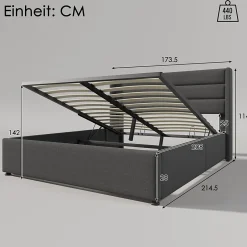 Gutent Lit rembourré hydraulique 160x200 cm lit de rangement lit sommier à lattes en bois lit en métal lit double lin gris