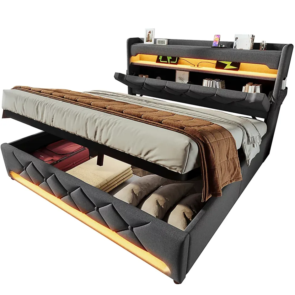 Gutent Lit rembourré hydraulique 180x200cm, lit double, espace de rangement tête de lit avec port usb et type c, lin, gris, sans matelas Best