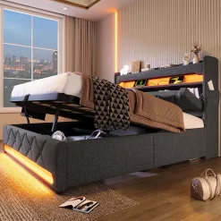 Gutent Lit rembourré hydraulique 180x200cm, lit double, espace de rangement tête de lit avec port usb et type c, lin, gris, sans matelas Best