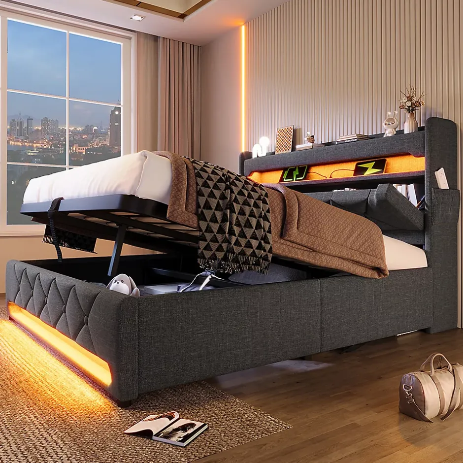 Gutent Lit rembourré hydraulique 180x200cm, lit double, espace de rangement tête de lit avec port usb et type c, lin, gris, sans matelas Best