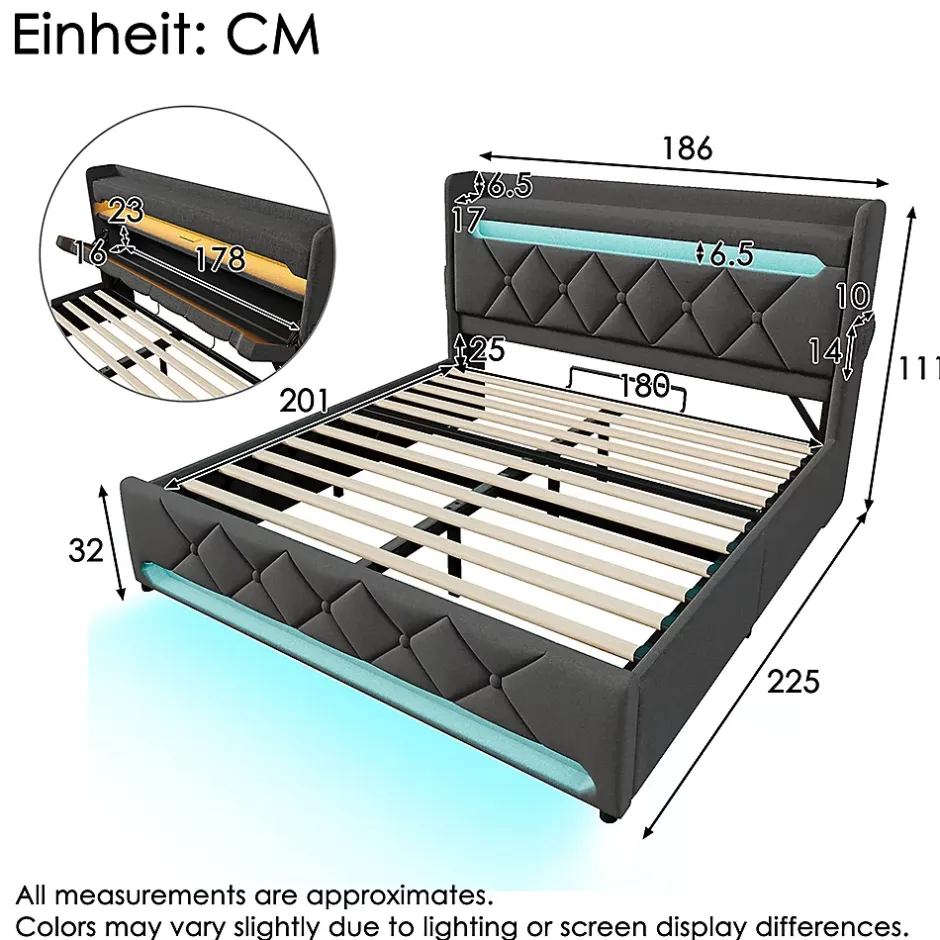 Gutent Lit rembourré hydraulique 180x200cm, lit double, espace de rangement tête de lit avec port usb et type c, lin, gris, sans matelas Best