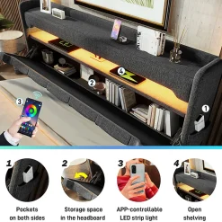 Gutent Lit rembourré hydraulique 180x200cm, lit double, espace de rangement tête de lit avec port usb et type c, lin, gris, sans matelas Best
