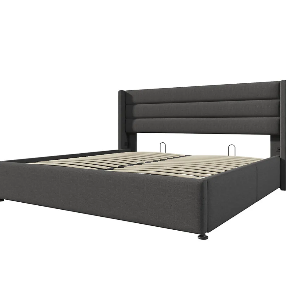 Gutent Lit rembourré hydraulique lit coffre lit 140x200 cm lit de rangement lit sommier à lattes en bois lit en métal lit double lin gris