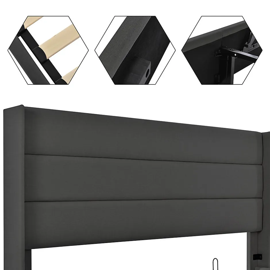 Gutent Lit rembourré hydraulique lit coffre lit 140x200 cm lit de rangement lit sommier à lattes en bois lit en métal lit double lin gris