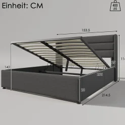 Gutent Lit rembourré hydraulique lit coffre lit 140x200 cm lit de rangement lit sommier à lattes en bois lit en métal lit double lin gris
