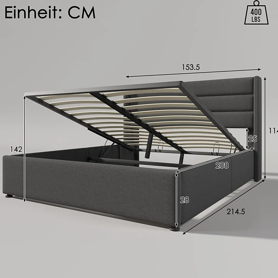 Gutent Lit rembourré hydraulique lit coffre lit 140x200 cm lit de rangement lit sommier à lattes en bois lit en métal lit double lin gris