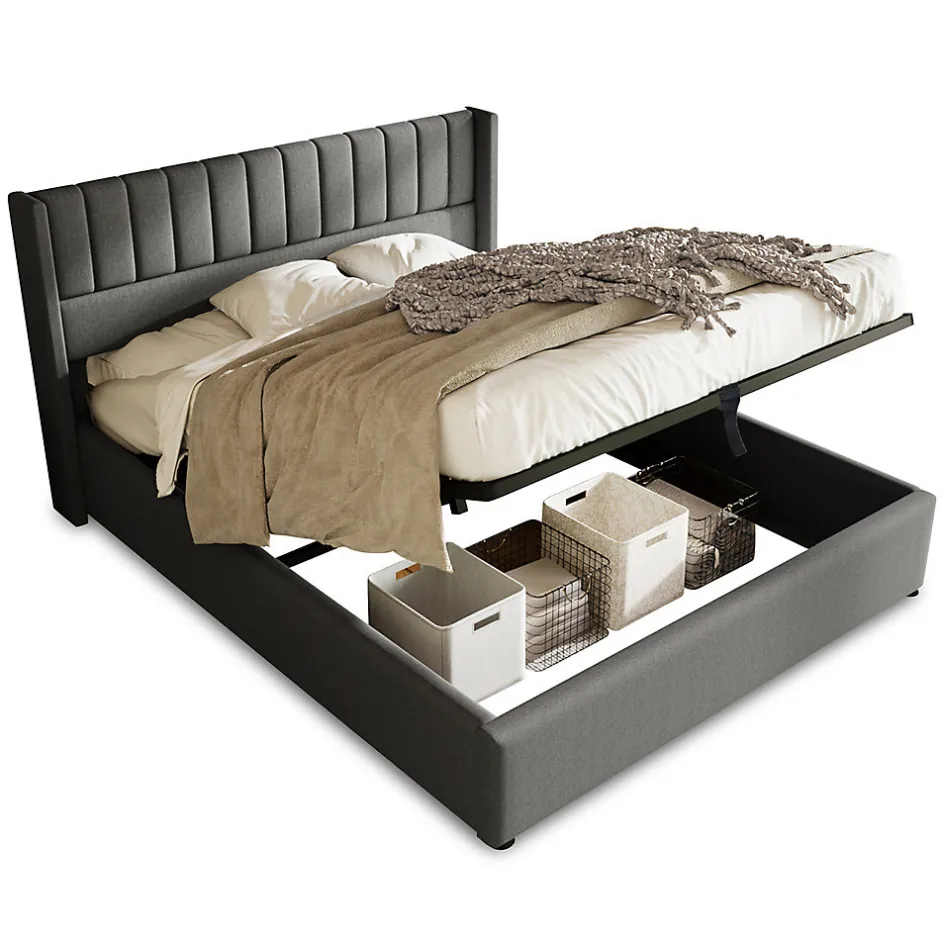 Gutent Lit rembourré hydraulique lit coffre 140x200 cm lit de rangement lit en métal lit cadre à lattes en bois lit double lin gris