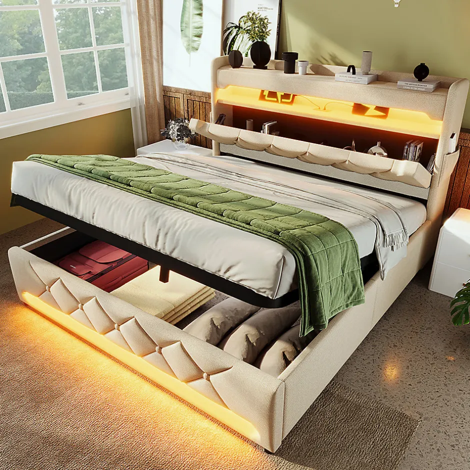 Gutent Lit rembourré hydraulique 180x200cm, lit double, espace de rangement en tête de lit avec port usb et type c,lin,beige,sans matelas