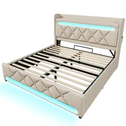 Gutent Lit rembourré hydraulique 180x200cm, lit double, espace de rangement en tête de lit avec port usb et type c,lin,beige,sans matelas