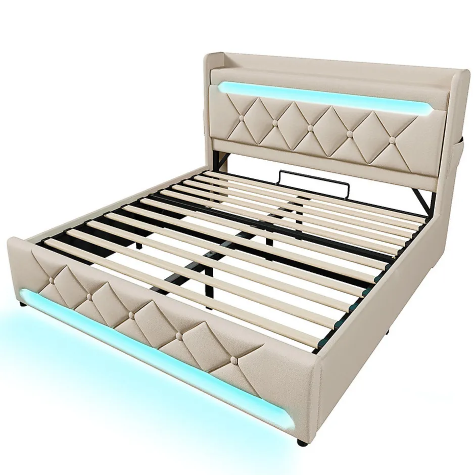 Gutent Lit rembourré hydraulique 180x200cm, lit double, espace de rangement en tête de lit avec port usb et type c,lin,beige,sans matelas