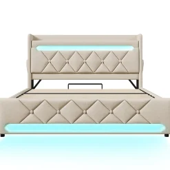 Gutent Lit rembourré hydraulique 180x200cm, lit double, espace de rangement en tête de lit avec port usb et type c,lin,beige,sans matelas
