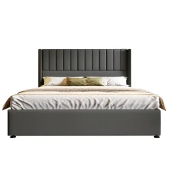 Gutent Lit rembourré hydraulique lit coffre lit 180x200 cm lit de rangement lit en métal lit cadre à lattes en bois lit double lin gris