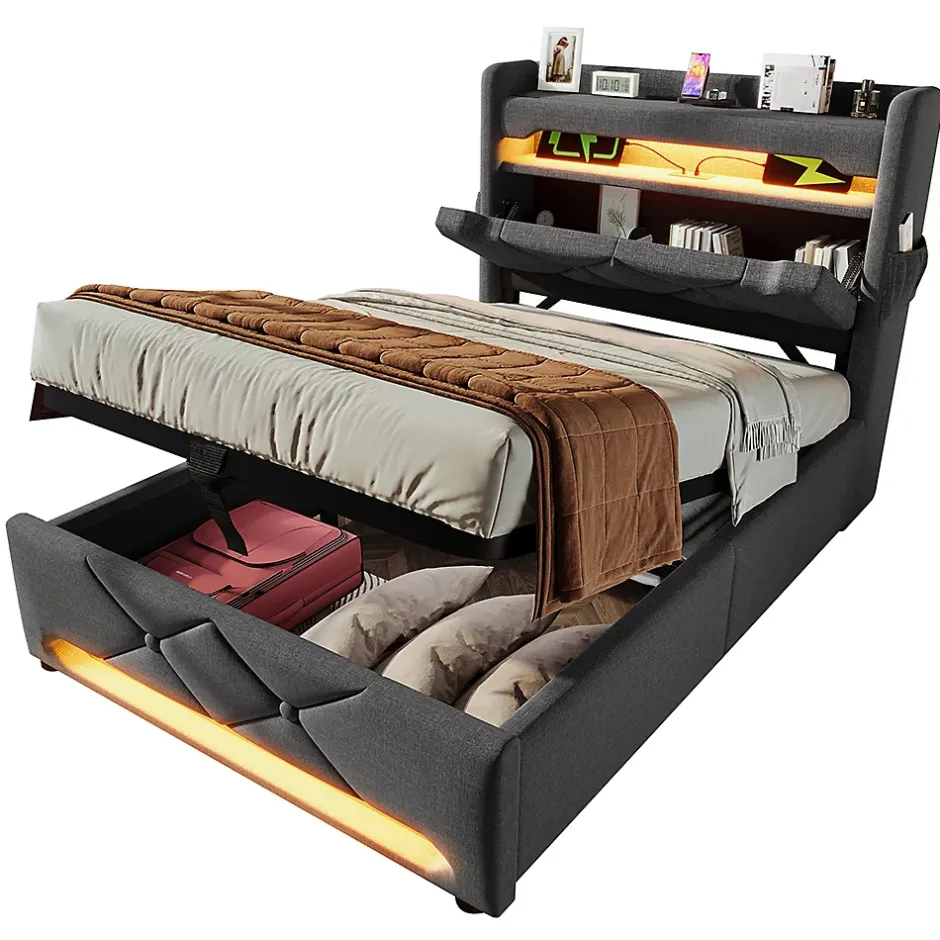 Gutent Lit rembourré hydraulique 90x200cm, Single, tête de lit de rangement avec port usb et type c, lin, gris, sans matelas Sale