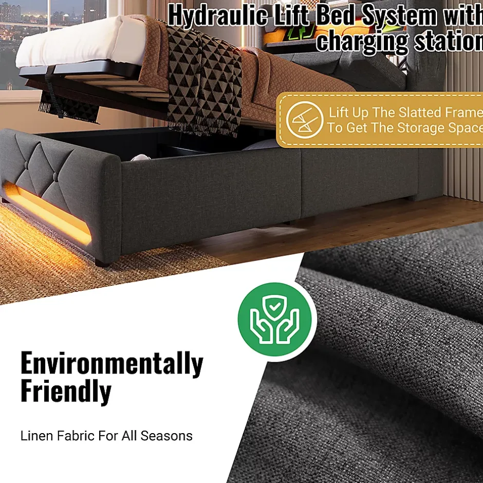 Gutent Lit rembourré hydraulique 90x200cm, Single, tête de lit de rangement avec port usb et type c, lin, gris, sans matelas Sale