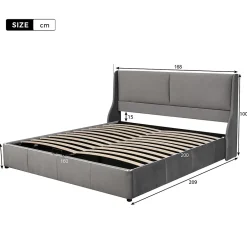Gutent Lit rembourré hydraulique 160x200cm, lit double avec tête de coussin, forme d'oreille, lit fonctionnel, velours, gris Online