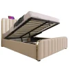 Gutent Lit rembourré hydraulique 140x200cm, tête de lit avec fonction de recharge USB Type-C, lit avec rangement, lin, beige,sans matelas Outlet