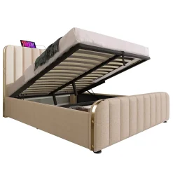 Gutent Lit rembourré hydraulique 140x200cm, tête de lit avec fonction de recharge USB Type-C, lit avec rangement, lin, beige,sans matelas Outlet