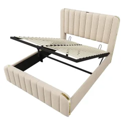 Gutent Lit rembourré hydraulique 140x200cm, tête de lit avec fonction de recharge USB Type-C, lit avec rangement, lin, beige,sans matelas Outlet