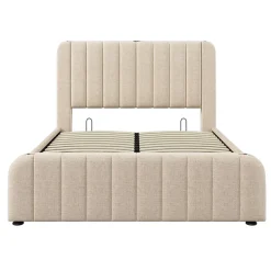 Gutent Lit rembourré hydraulique 140x200cm, tête de lit avec fonction de recharge USB Type-C, lit avec rangement, lin, beige,sans matelas Outlet