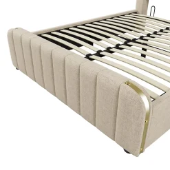 Gutent Lit rembourré hydraulique 140x200cm, tête de lit avec fonction de recharge USB Type-C, lit avec rangement, lin, beige,sans matelas Outlet