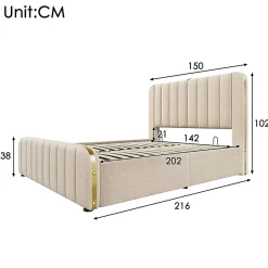 Gutent Lit rembourré hydraulique 140x200cm, tête de lit avec fonction de recharge USB Type-C, lit avec rangement, lin, beige,sans matelas Outlet