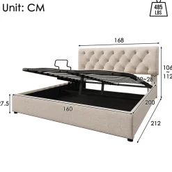 Gutent Lit rembourré hydraulique lit coffre 160x200 cm lit de rangement lit en métal lit double lin gris clair