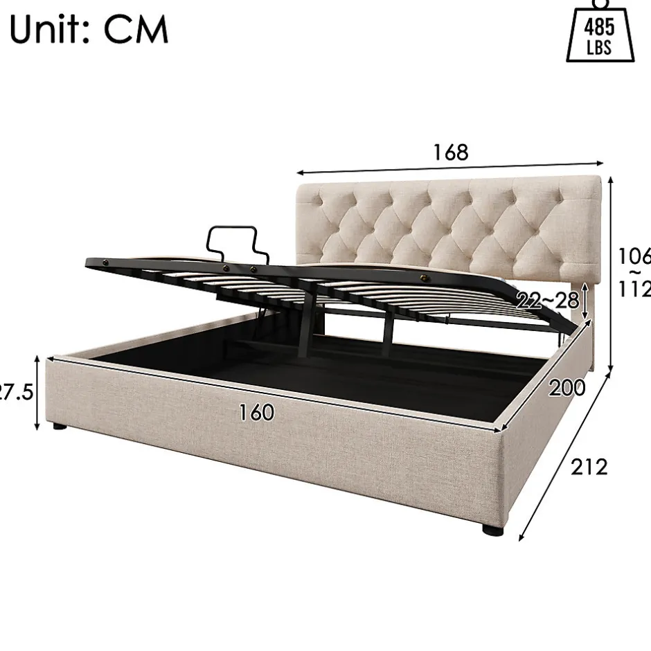 Gutent Lit rembourré hydraulique lit coffre 160x200 cm lit de rangement lit en métal lit double lin gris clair