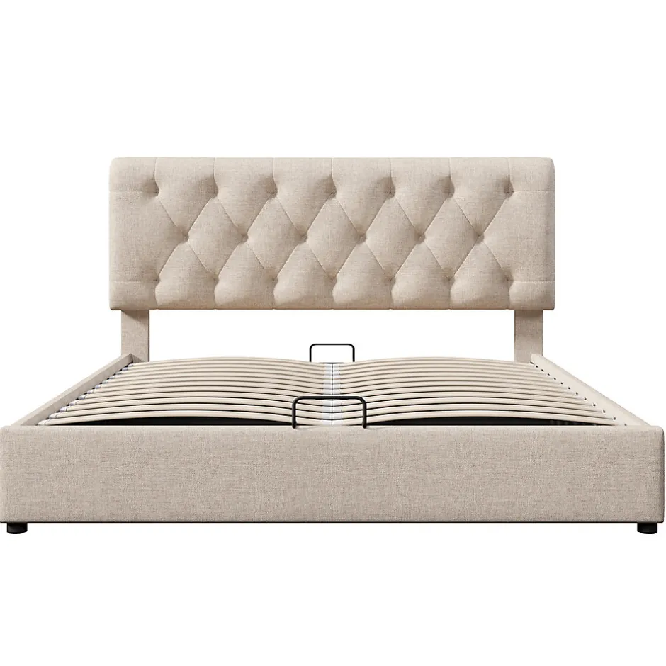 Gutent Lit rembourré hydraulique lit coffre 160x200 cm lit de rangement lit en métal lit double lin gris clair
