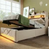 Gutent Lit rembourré hydraulique 90x200cm, Single, tête de lit de rangement avec port usb et type c, lin, beige, sans matelas