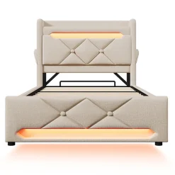 Gutent Lit rembourré hydraulique 90x200cm, Single, tête de lit de rangement avec port usb et type c, lin, beige, sans matelas