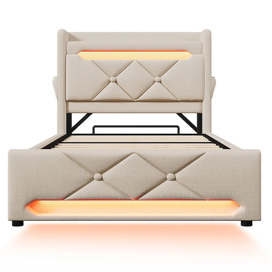Gutent Lit rembourré hydraulique 90x200cm, Single, tête de lit de rangement avec port usb et type c, lin, beige, sans matelas