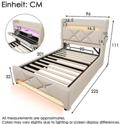 Gutent Lit rembourré hydraulique 90x200cm, Single, tête de lit de rangement avec port usb et type c, lin, beige, sans matelas