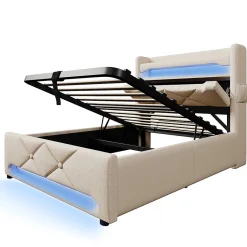 Gutent Lit rembourré hydraulique 90x200cm, Single, tête de lit de rangement avec port usb et type c, lin, beige, sans matelas