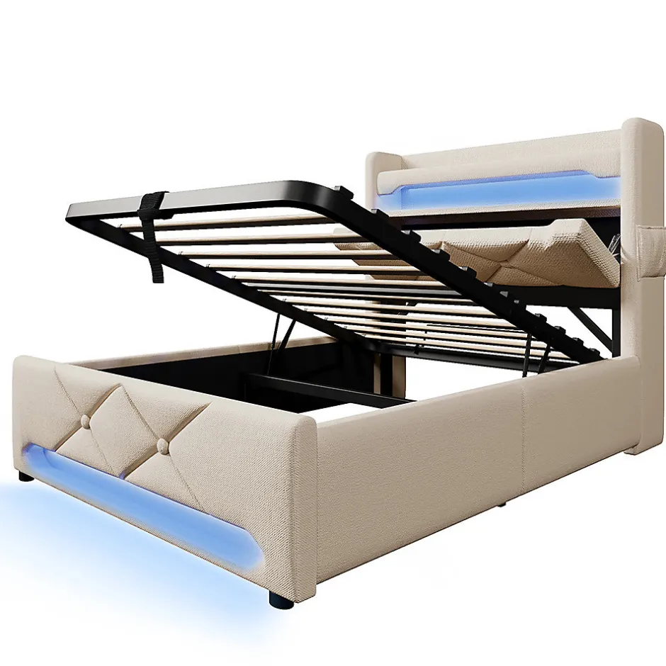 Gutent Lit rembourré hydraulique 90x200cm, Single, tête de lit de rangement avec port usb et type c, lin, beige, sans matelas