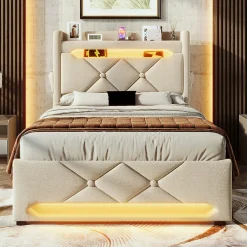 Gutent Lit rembourré hydraulique 90x200cm, Single, tête de lit de rangement avec port usb et type c, lin, beige, sans matelas