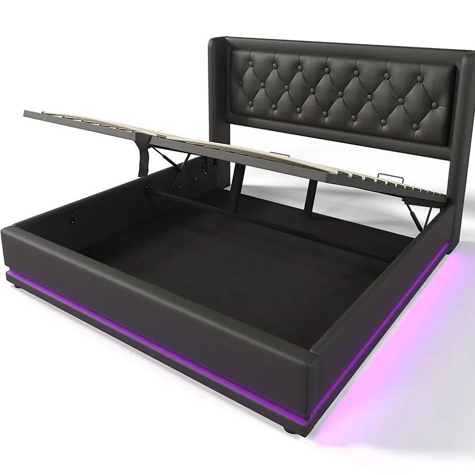 Gutent Lit rembourré hydraulique 180x200cm lit de rangement lit double avec fonction de charge usb type-c tête de lit pu noir