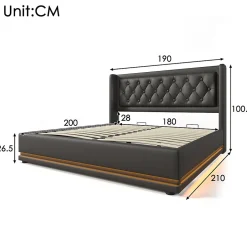 Gutent Lit rembourré hydraulique 180x200cm lit de rangement lit double avec fonction de charge usb type-c tête de lit pu noir