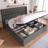 Gutent Lit rembourré hydraulique lit coffre lit 160x200 cm lit de rangement lit en métal lit cadre à lattes en bois lit double lin gris